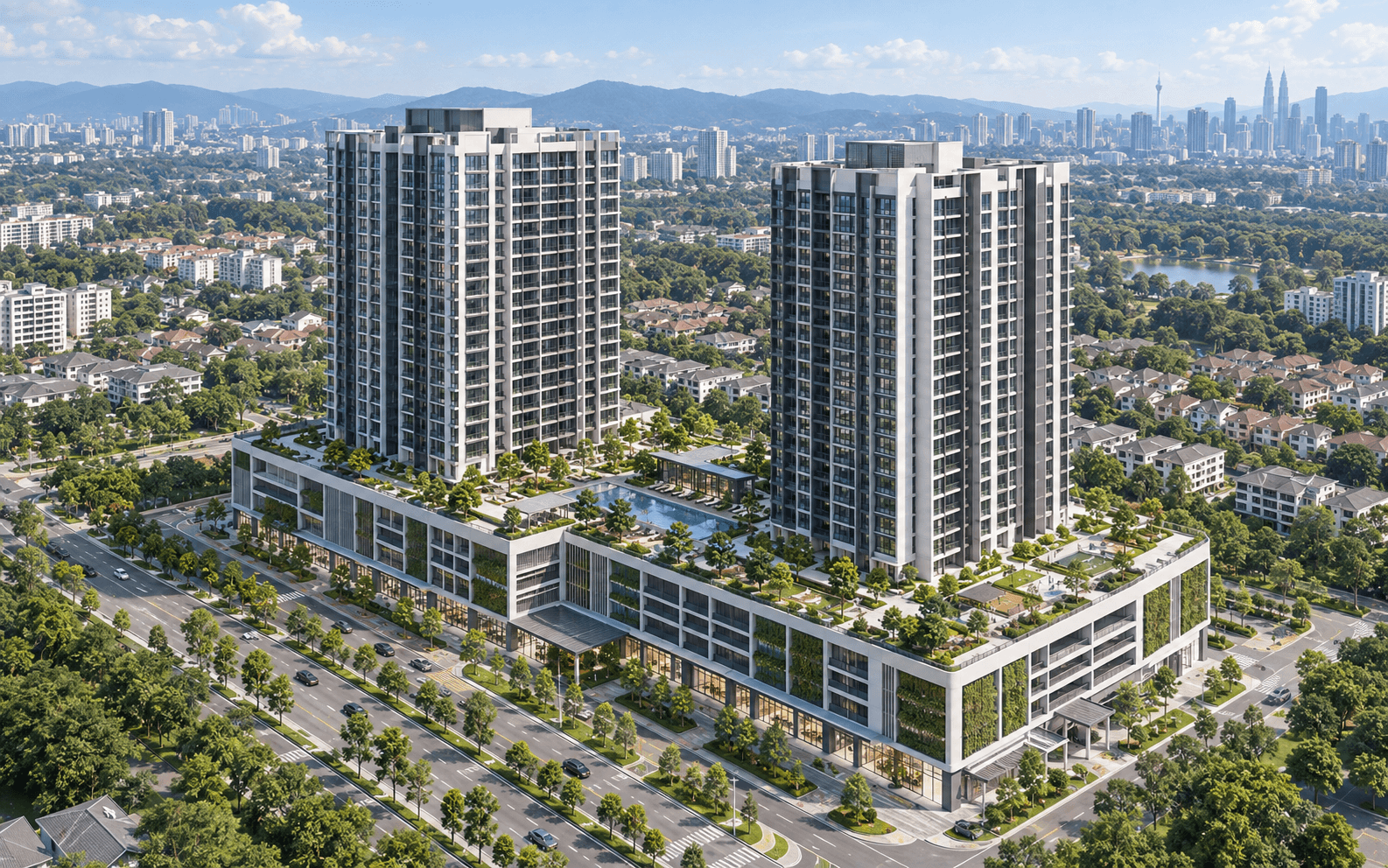Illustrative aerial spatial model with two residential blocks on a shared podium